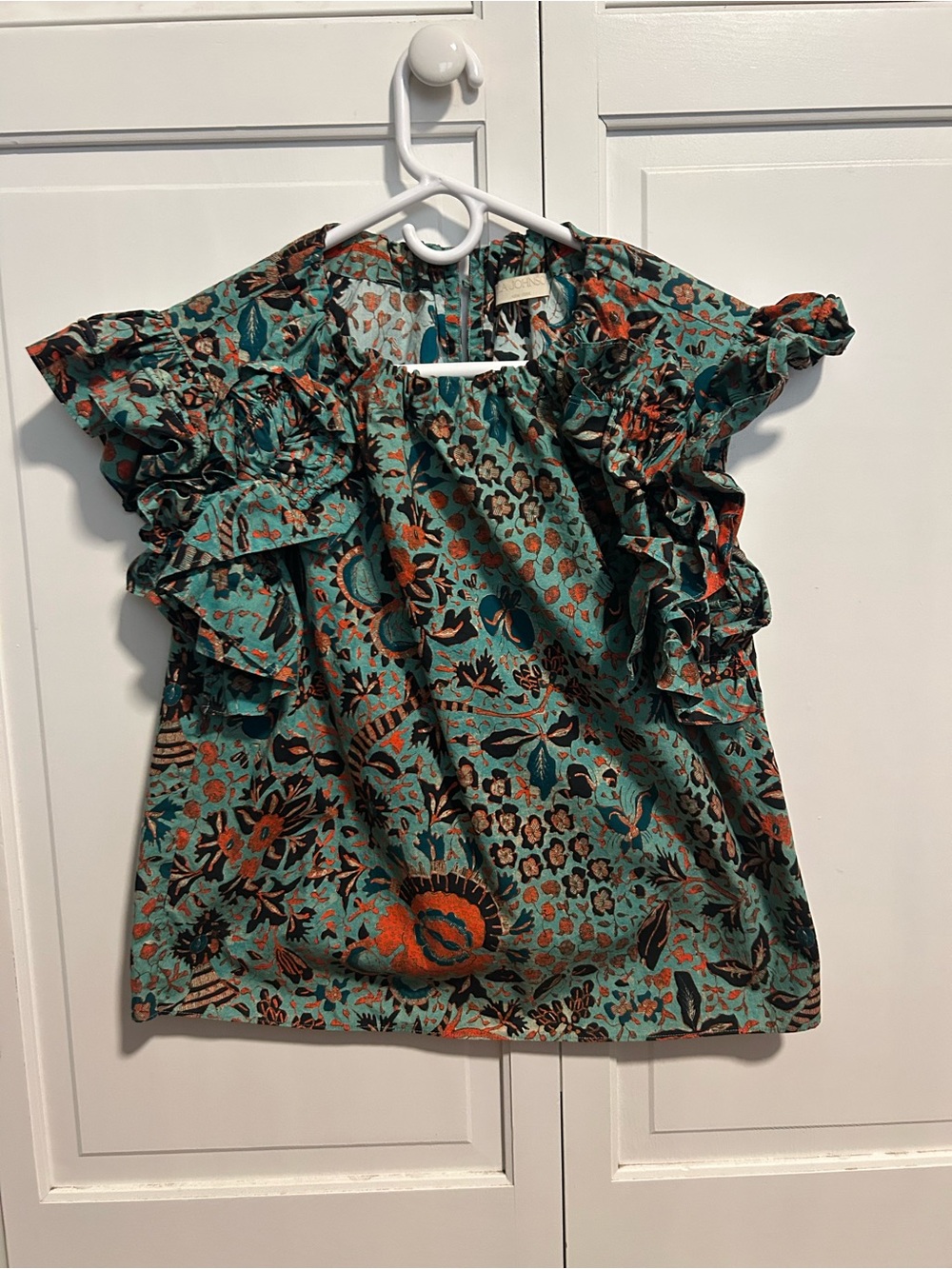 Ulla Johnson Teal Floral Ruffle Blouse with Rust Accents - Picture 2 of 6